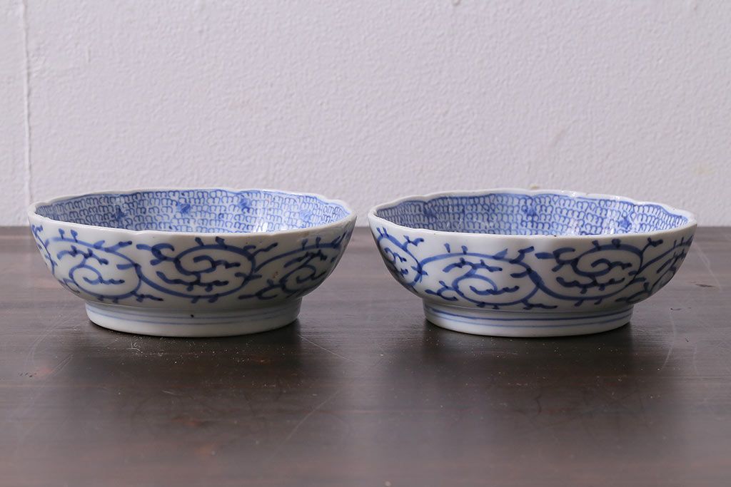 アンティーク雑貨　骨董　幕末期　伊万里　微塵唐草文　なます皿2枚セット(鉢、和食器)(R-037216)