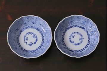 アンティーク雑貨　骨董　幕末期　伊万里　微塵唐草文　なます皿2枚セット(鉢、和食器)(R-037216)