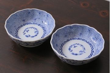 アンティーク雑貨　骨董　幕末期　伊万里　微塵唐草文　なます皿2枚セット(鉢、和食器)(R-037216)