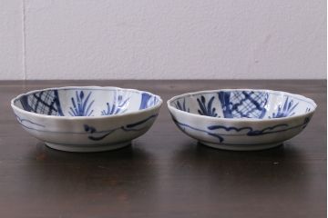 アンティーク雑貨　古民具・骨董　江戸後期　染付　4.6寸なます皿2枚セット(和食器、小皿)(R-037217)