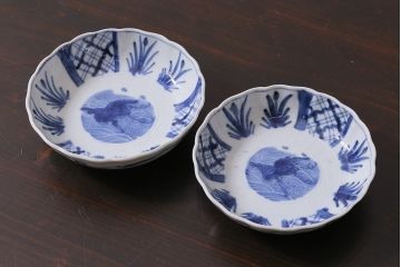 アンティーク雑貨　古民具・骨董　江戸後期　染付　4.6寸なます皿2枚セット(和食器、小皿)(R-037217)