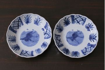 アンティーク雑貨　古民具・骨董　江戸後期　染付　4.6寸なます皿2枚セット(和食器、小皿)(R-037217)