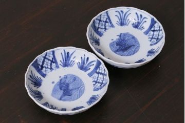 アンティーク雑貨　古民具・骨董　江戸後期　染付　4.6寸なます皿2枚セット(和食器、小皿)(R-037218)