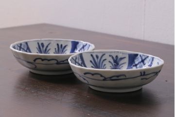 アンティーク雑貨　古民具・骨董　江戸後期　染付　4.6寸なます皿2枚セット(和食器、小皿)(R-037218)