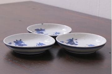 アンティーク雑貨　幕末~明治　花蝶図　染付　3.5寸小皿3枚セット(和食器)(R-037219)