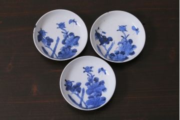 アンティーク雑貨　幕末~明治　花蝶図　染付　3.5寸小皿3枚セット(和食器)(R-037219)