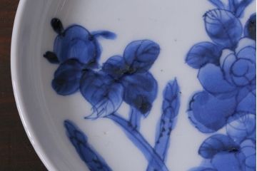アンティーク雑貨　幕末~明治　花蝶図　染付　3.5寸小皿3枚セット(和食器)(R-037219)