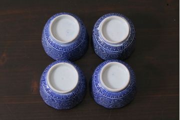 アンティーク雑貨　明治大正期　蛸唐草印判蕎麦猪口4個セット(向付、和食器)(R-037220)
