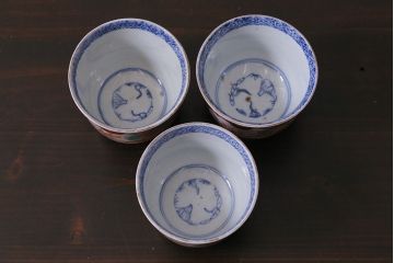 アンティーク雑貨　古民具・骨董　明治期　色絵蕎麦猪口　伊万里　向付3個セット(R-037225)