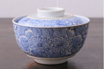 アンティーク雑貨　幕末明治期　線描染付　細かな図柄が味わい深い蓋付茶碗3客セット(和食器)(R-037229)