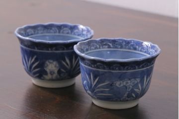 アンティーク雑貨　江戸期　古伊万里　染付　湯呑2客セット(向付、蕎麦猪口)(R-037236)