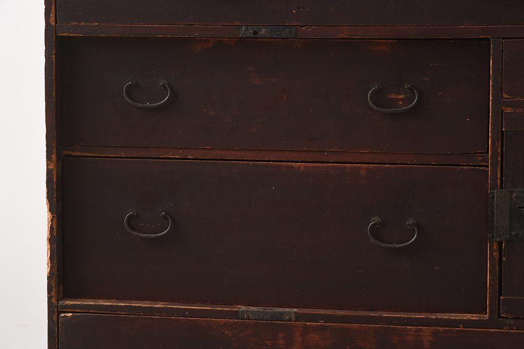 アンティーク家具　古民具・骨董　明治期　片開き戸付きの風情ある小タンス(引き出し、時代箪笥、整理タンス)(R-037263)