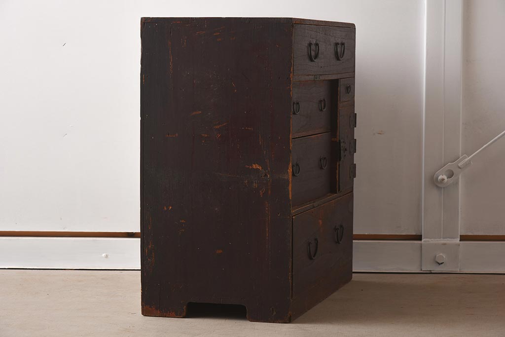 アンティーク家具　古民具・骨董　明治期　片開き戸付きの風情ある小タンス(引き出し、時代箪笥、整理タンス)(R-037263)