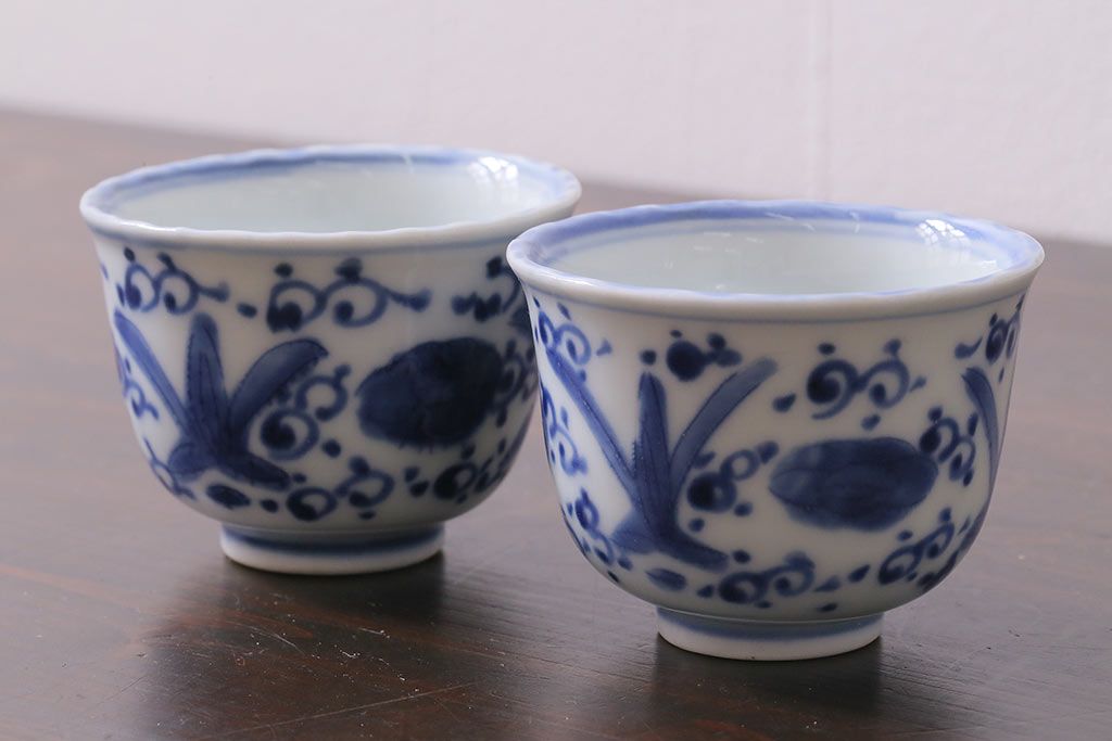 アンティーク雑貨　江戸期　伊万里　染付蕎麦猪口2個セット(向付)(R-037290)