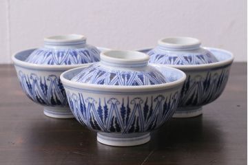 アンティーク雑貨　古民具・骨董　味のある絵柄の蓋茶碗3客セット(和食器)(R-037291)