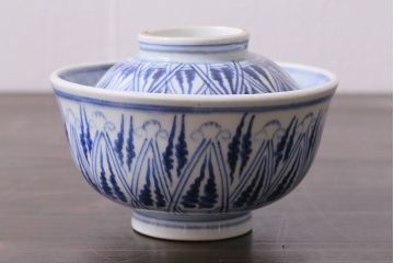 アンティーク雑貨　古民具・骨董　味のある絵柄の蓋茶碗3客セット(和食器)(R-037291)