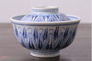 アンティーク雑貨　古民具・骨董　味のある絵柄の蓋茶碗3客セット(和食器)(R-037291)
