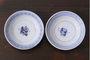 アンティーク雑貨　古民具・骨董　味のある絵柄の蓋茶碗2客セット(和食器)(R-037292)