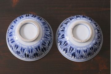 アンティーク雑貨　古民具・骨董　味のある絵柄の蓋茶碗2客セット(和食器)(R-037292)