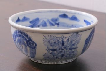 アンティーク雑貨　江戸期　古伊万里　染付　雲龍文　深鉢(深皿)(R-037293)
