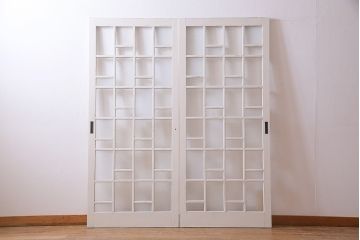 アンティーク建具　ペイント建具　ダイヤガラス・モールガラス・すりガラス入り　モダンな印象与えるガラス戸2枚セット(建具、引き戸)