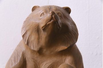 アンティーク雑貨　明治大正　狸　木彫　共箱(R-037331)