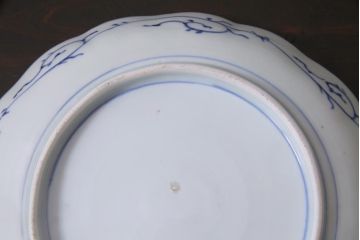 アンティーク雑貨　江戸期　古伊万里　水仙に扇面図　染付　七寸皿2枚セット(中皿)(R-037339)