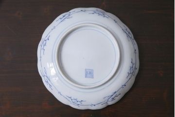アンティーク雑貨　江戸期　古伊万里　水仙に扇面図　染付　七寸皿2枚セット(中皿)(R-037339)