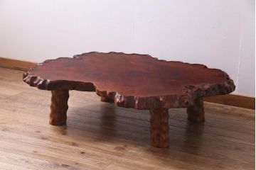 ヴィンテージ家具　葡萄杢・鳥眼杢　天板クスノキ(楠)材一枚板の座卓(ローテーブル、ビンテージ)(R-037351)