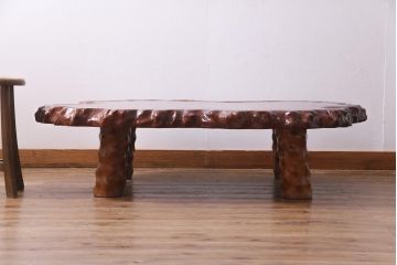 ヴィンテージ家具　葡萄杢・鳥眼杢　天板クスノキ(楠)材一枚板の座卓(ローテーブル、ビンテージ)(R-037351)