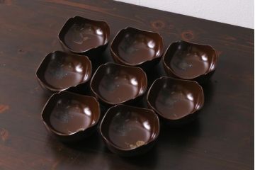 アンティーク雑貨　和製アンティーク　花鳥図　金彩　木製漆器小鉢(向付、小皿、和食器)(R-037379)