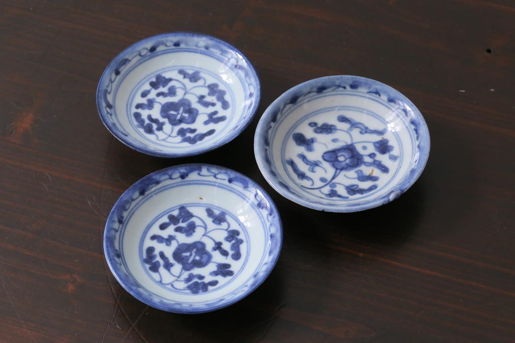 アンティーク雑貨　中国　古染付小皿3枚セット(和食器)(R-037380)