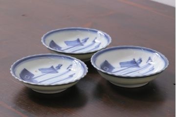 アンティーク雑貨　骨董　江戸期　古伊万里　船の図　染付小皿3枚セット(和食器)(R-037381)