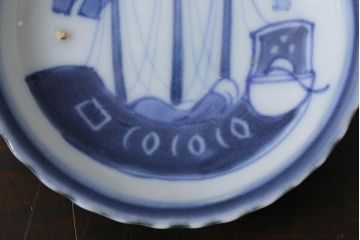 アンティーク雑貨　骨董　江戸期　古伊万里　船の図　染付小皿3枚セット(和食器)(R-037381)