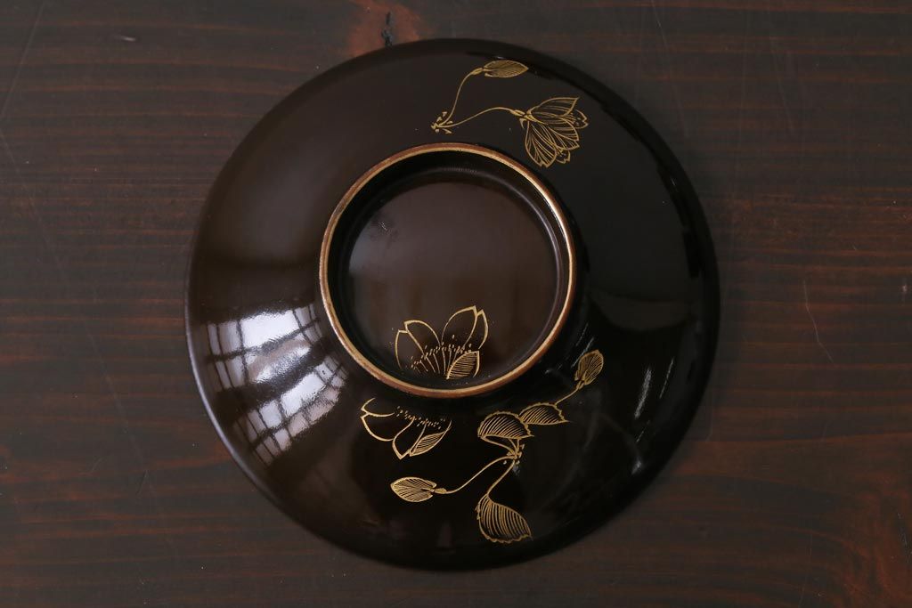 アンティーク雑貨　昭和初期　金彩　桜の花が描かれた木製椀4客セット(和食器)(R-037382)