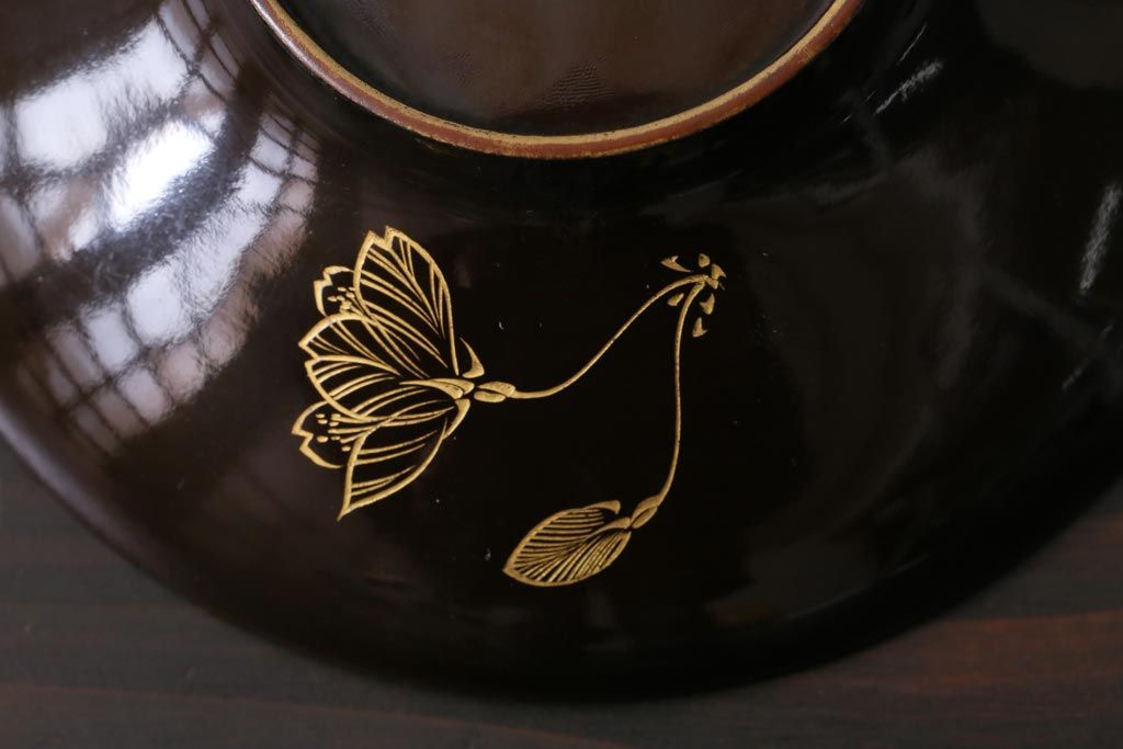 アンティーク雑貨　昭和初期　金彩　桜の花が描かれた木製椀4客セット(和食器)(R-037382)