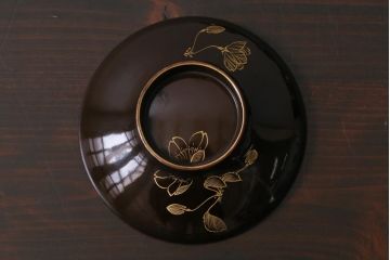 アンティーク雑貨　昭和初期　金彩　桜の花が描かれた木製椀4客セット(和食器)(R-037382)