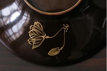 アンティーク雑貨　昭和初期　金彩　桜の花が描かれた木製椀4客セット(和食器)(R-037382)
