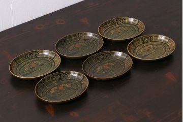 アンティーク雑貨　昭和初期　大内塗　漆塗り　深みのある緑色がシックな印象の木製皿6枚セット(漆器、和食器)(R-037383)