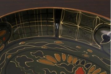 アンティーク雑貨　昭和初期　大内塗　漆塗り　深みのある緑色がシックな印象の木製皿6枚セット(漆器、和食器)(R-037383)