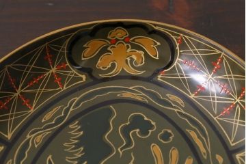 アンティーク雑貨　昭和初期　大内塗　深みのある緑色がシックな印象の木製皿6枚セット(漆器、和食器)(R-037384)