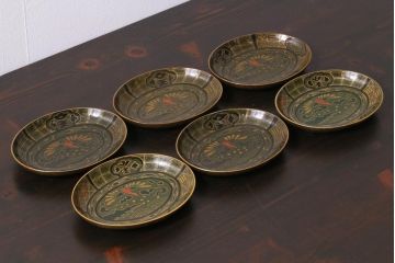アンティーク雑貨　昭和初期　大内塗　深みのある緑色がシックな印象の木製皿6枚セット(漆器、和食器)(R-037384)
