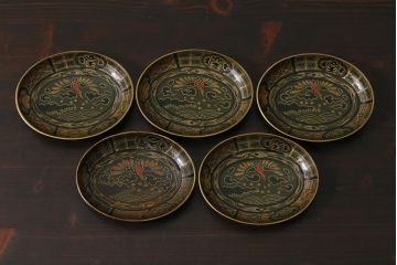 アンティーク雑貨　昭和初期　大地塗　深みのある緑色がシックな印象の木製皿5枚セット(漆器、和食器)(R-037385)