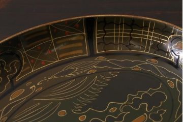 アンティーク雑貨　昭和初期　大地塗　深みのある緑色がシックな印象の木製皿5枚セット(漆器、和食器)(R-037385)