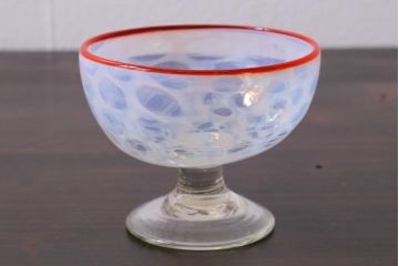 アンティーク雑貨　大正期　赤縁　水玉文　碗形　氷コップ　吹ガラス(R-037389)