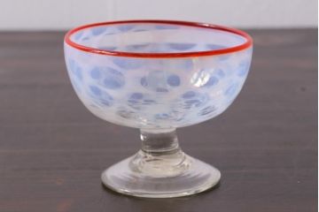 アンティーク雑貨　大正期　赤縁　水玉文　碗形　氷コップ　吹ガラス(R-037389)