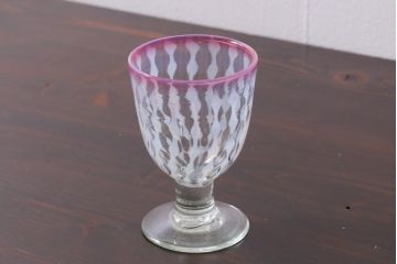アンティーク雑貨　レトロ雑貨　大正期　赤縁玉垂れ文なつめ形氷コップ(グラス)(R-037392)