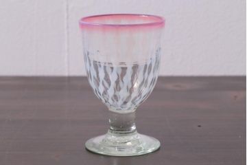 アンティーク雑貨　レトロ雑貨　大正期　赤縁玉垂れ文なつめ形氷コップ(グラス)(R-037392)