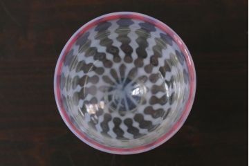 アンティーク雑貨　レトロ雑貨　大正期　赤縁玉垂れ文なつめ形氷コップ(グラス)(R-037392)