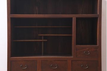 アンティーク家具　ダイヤガラス入り　前面ケヤキ材　黒柿がアクセントの茶棚(収納棚、戸棚)(R-037444)